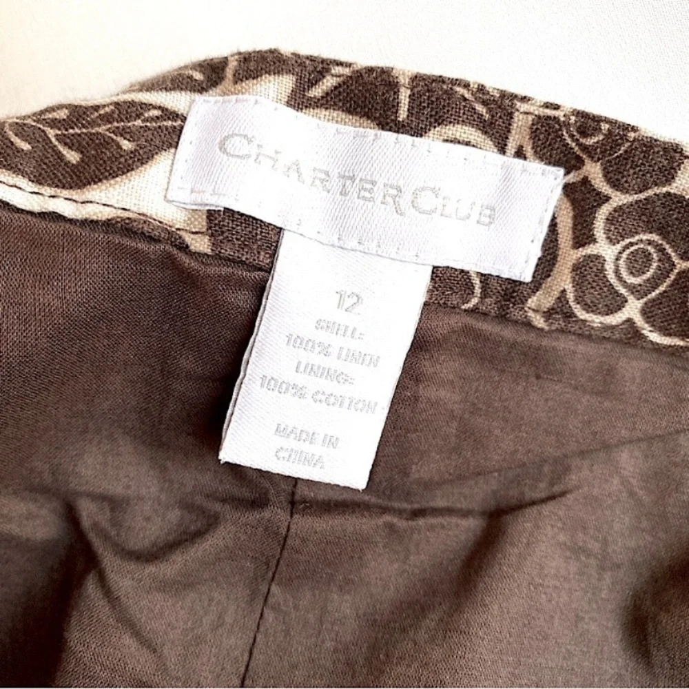 CHARTER CLUB FLORAL LINEN FLUTED BOHEMIAN STYLE MIDI SKIRT Brown Cream 12